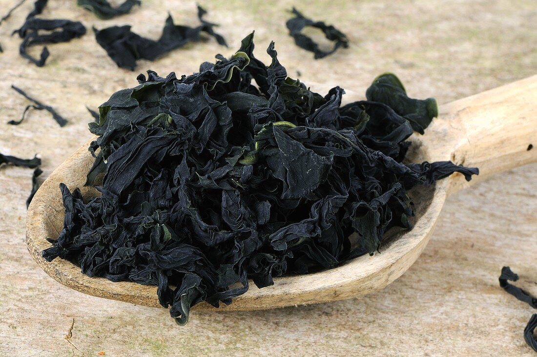 Dried seaweed on a wooden spoon