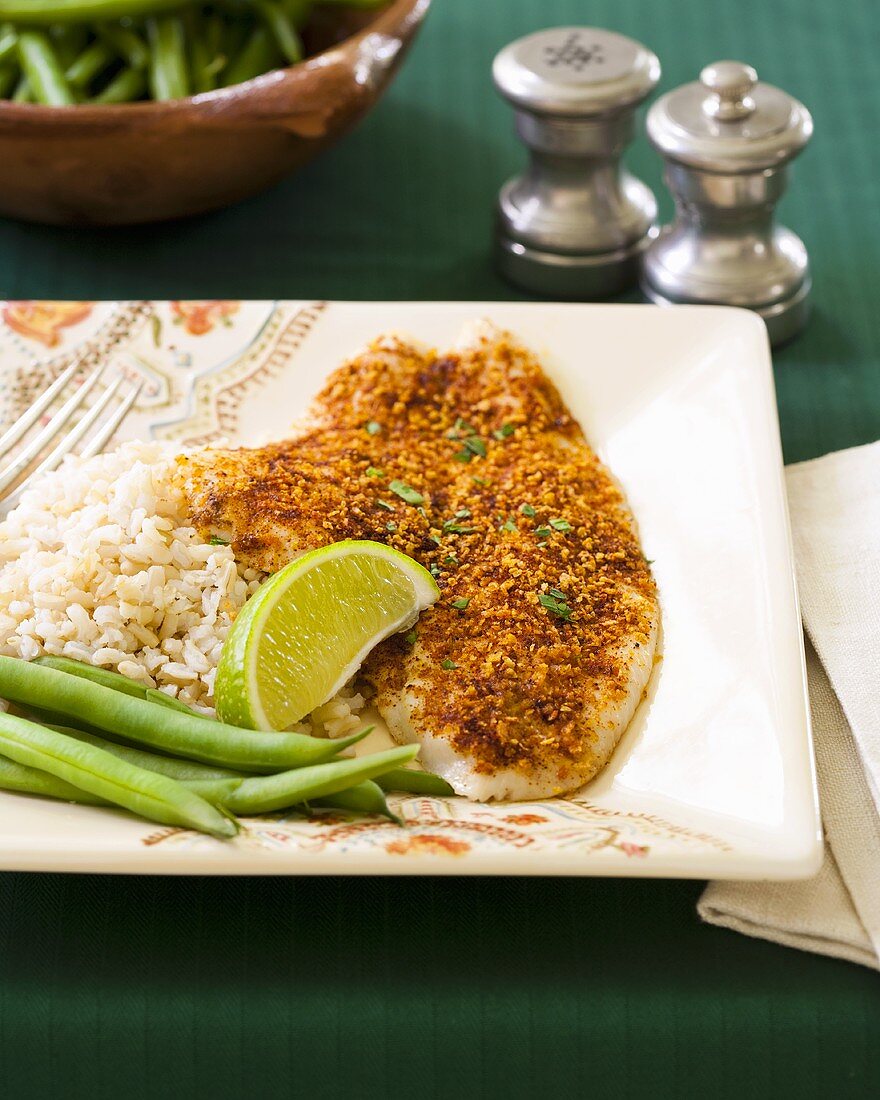 Flounder with chilli crust, beans and rice