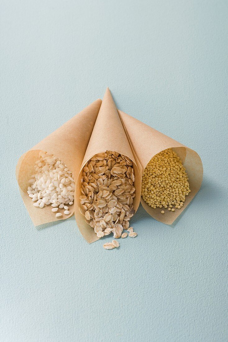 Rice, rolled oats and millet in paper cones