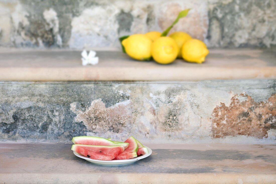 Slices of watermelon and lemons on steps