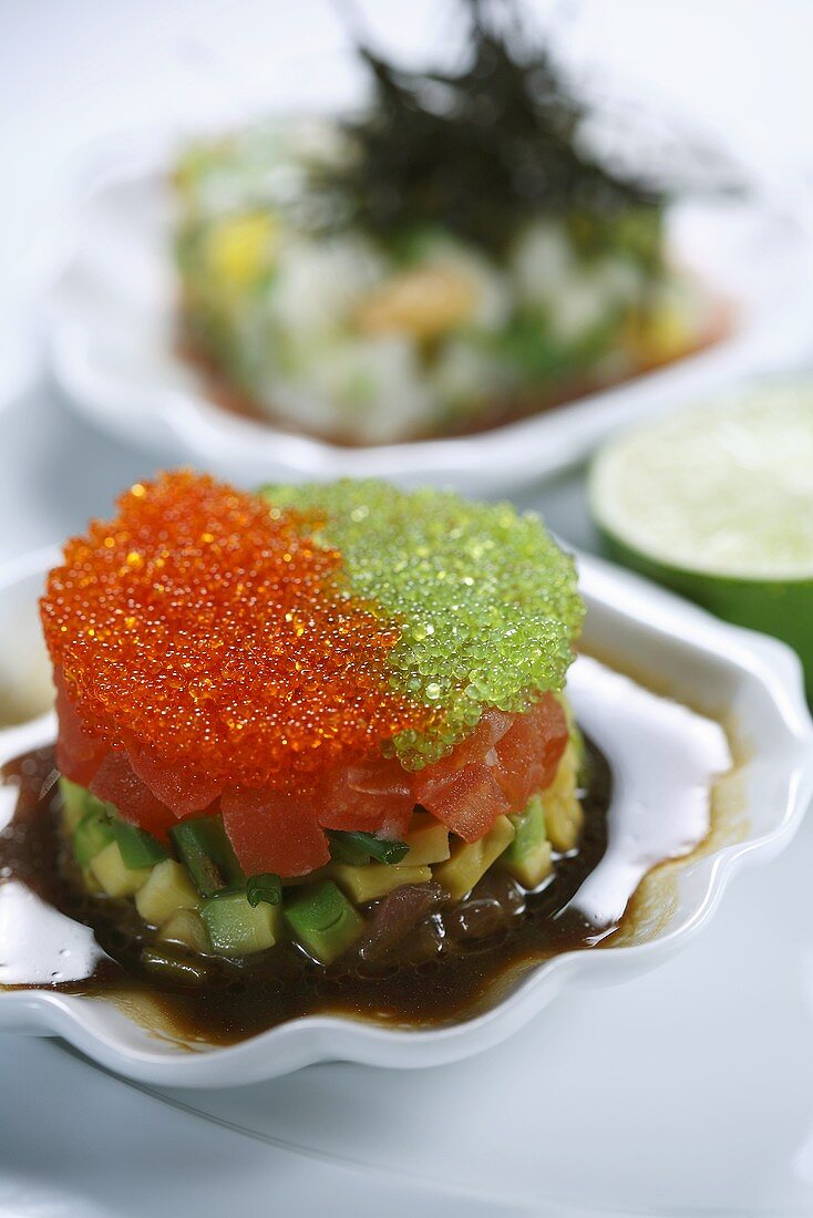 Flying fish caviar with avocado (Asia)