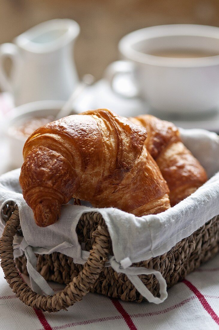 Croissants im Brotkorb, Kaffee