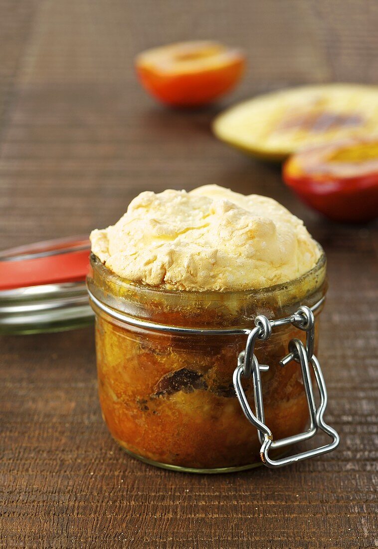 Scheiterhaufen (bread bake usually made with apples, cinnamon, raisins and almonds) in a jar with mango and nectarines