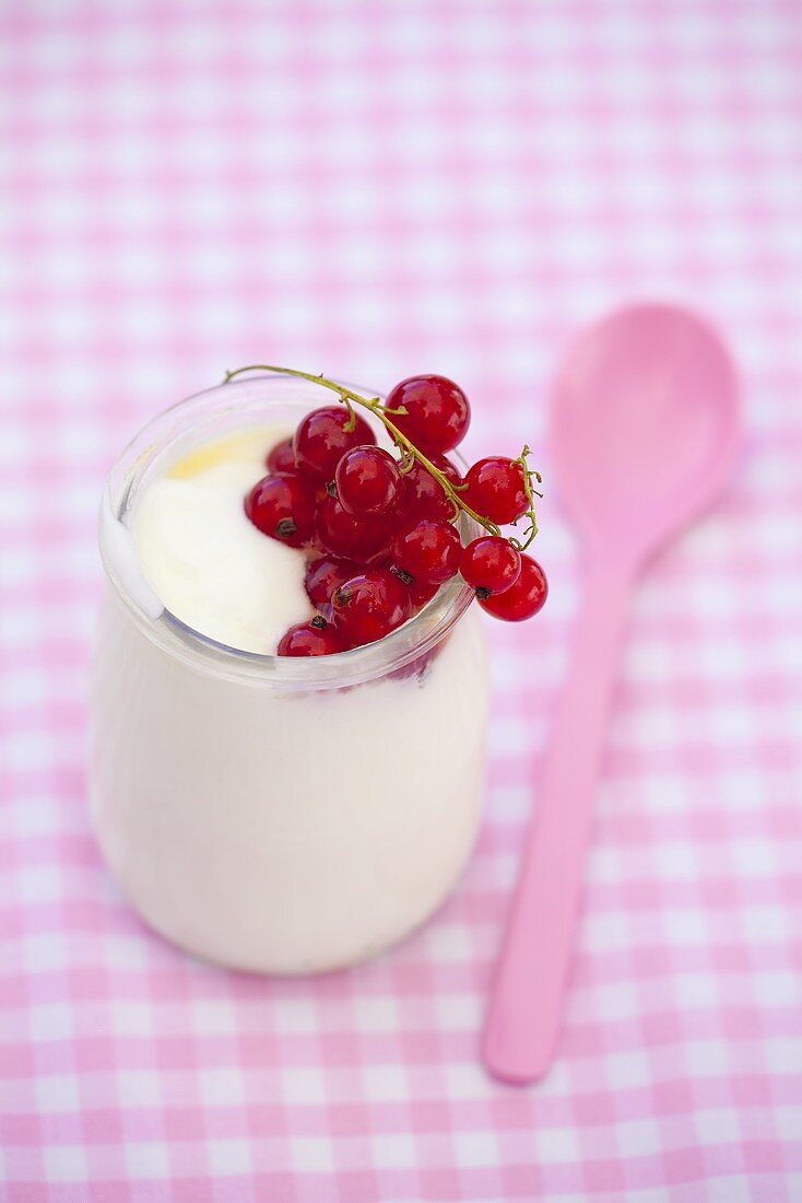 Yogurt with redcurrants in a yogurt glass
