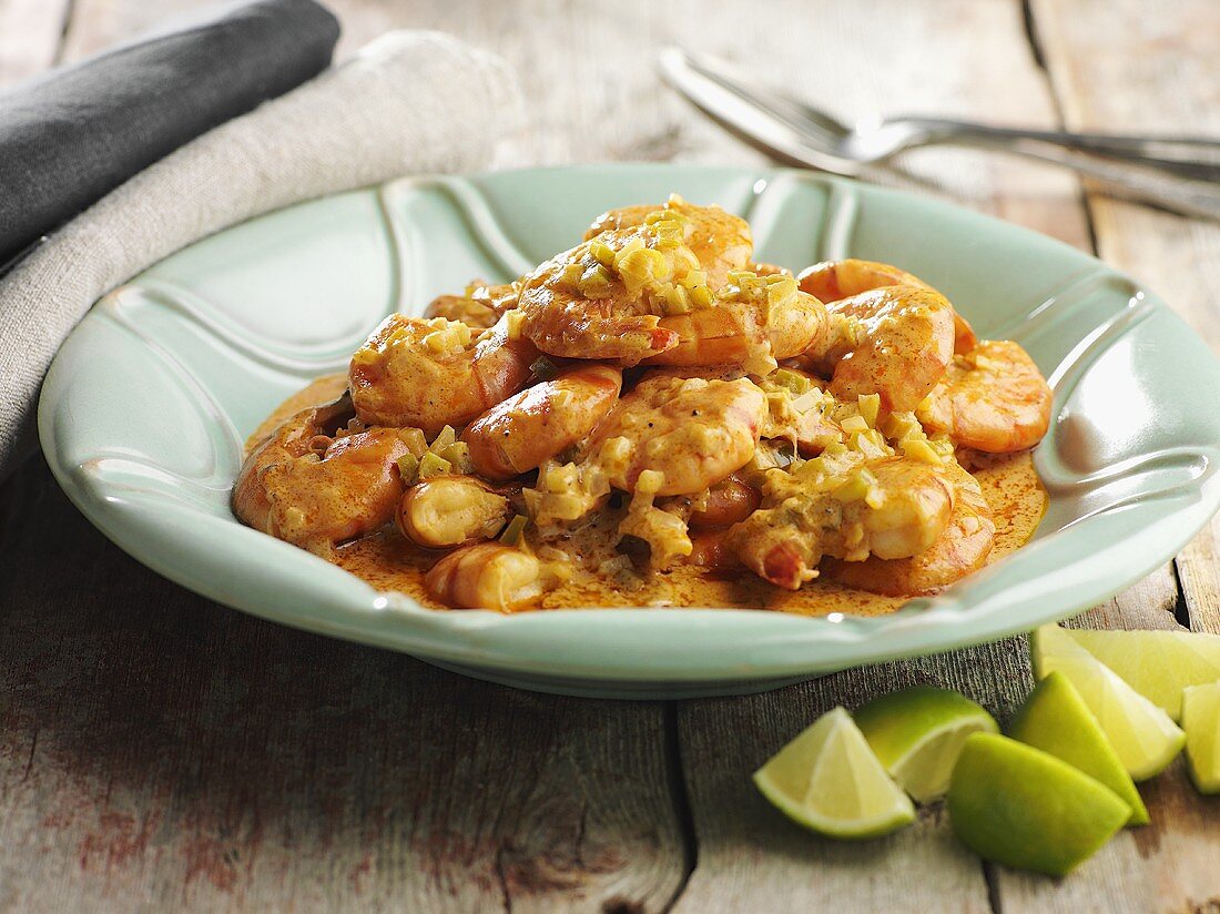 Scampi in curry sauce with limes