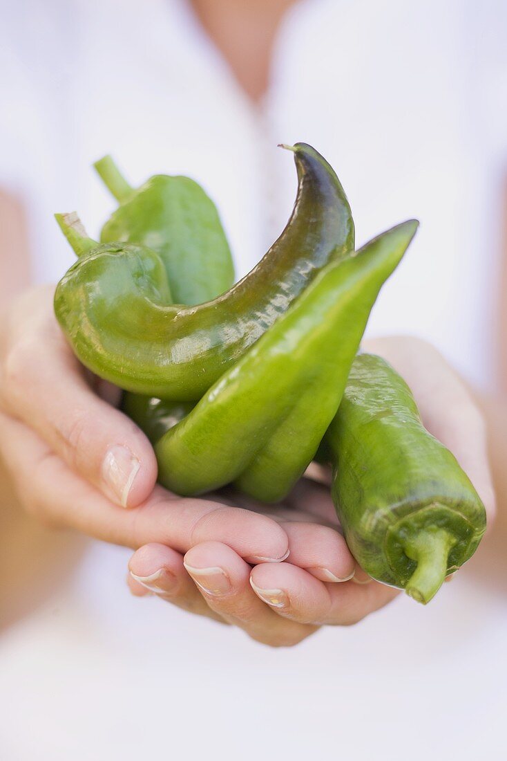 A woman holding green peppers