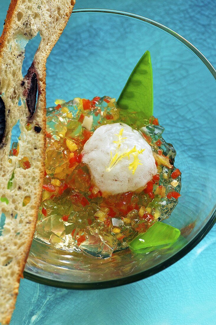 Vegetables in aspic with olive ciabatta and poached quail's eggs