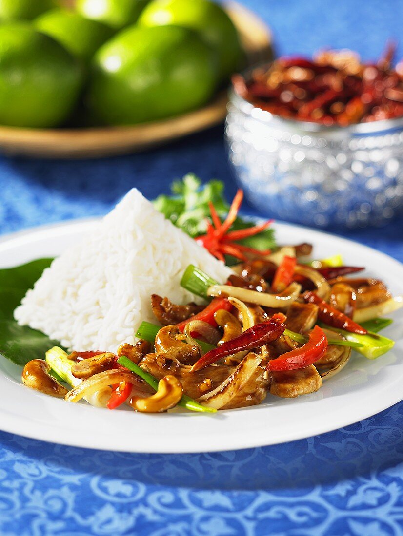 Hähnchengeschnetzeltes mit Cashews und Reis