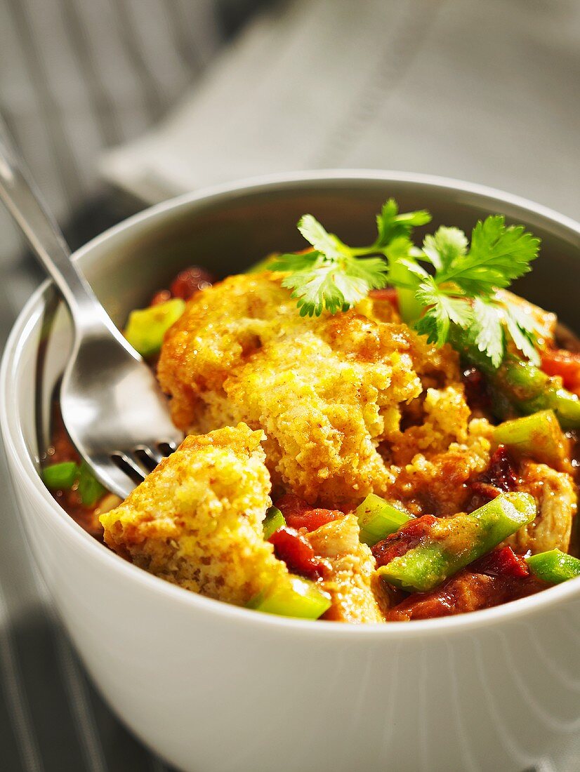 Turkey casserole with vegetables and cornbread dumplings