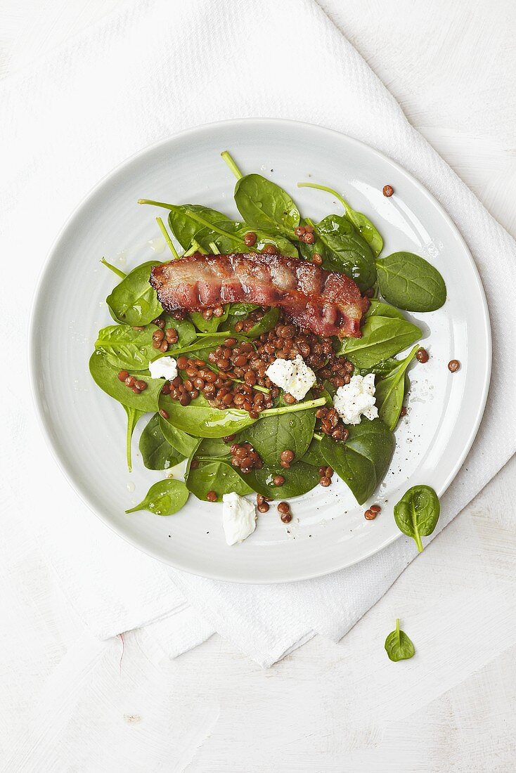 Spinatsalat mit Linsen, Ziegenfrischkäse und Speck