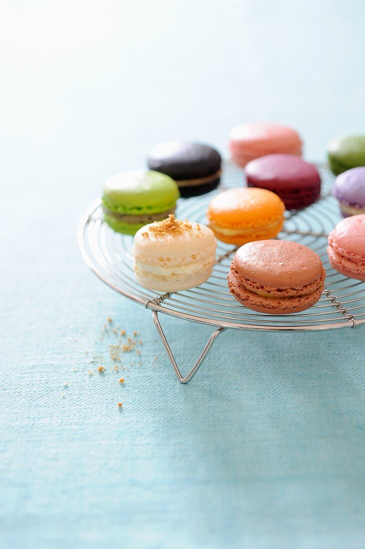 Various macaroons on a wire rack