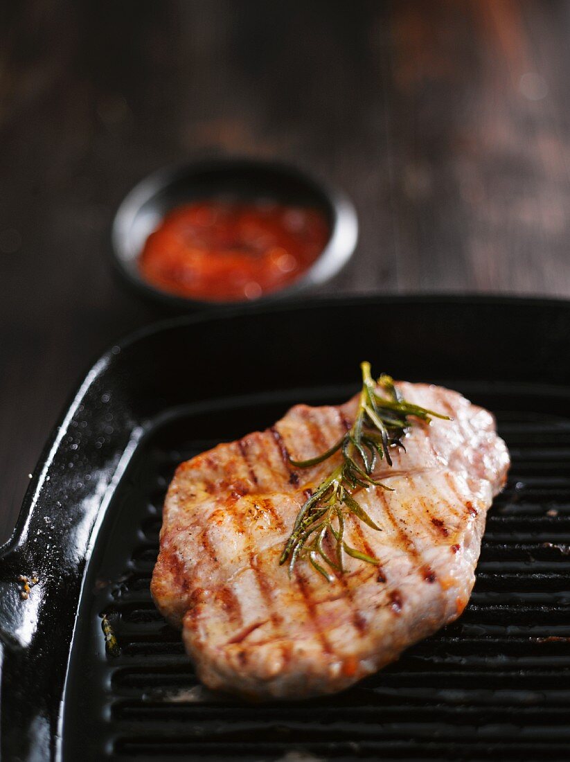 A steak in a grill pan