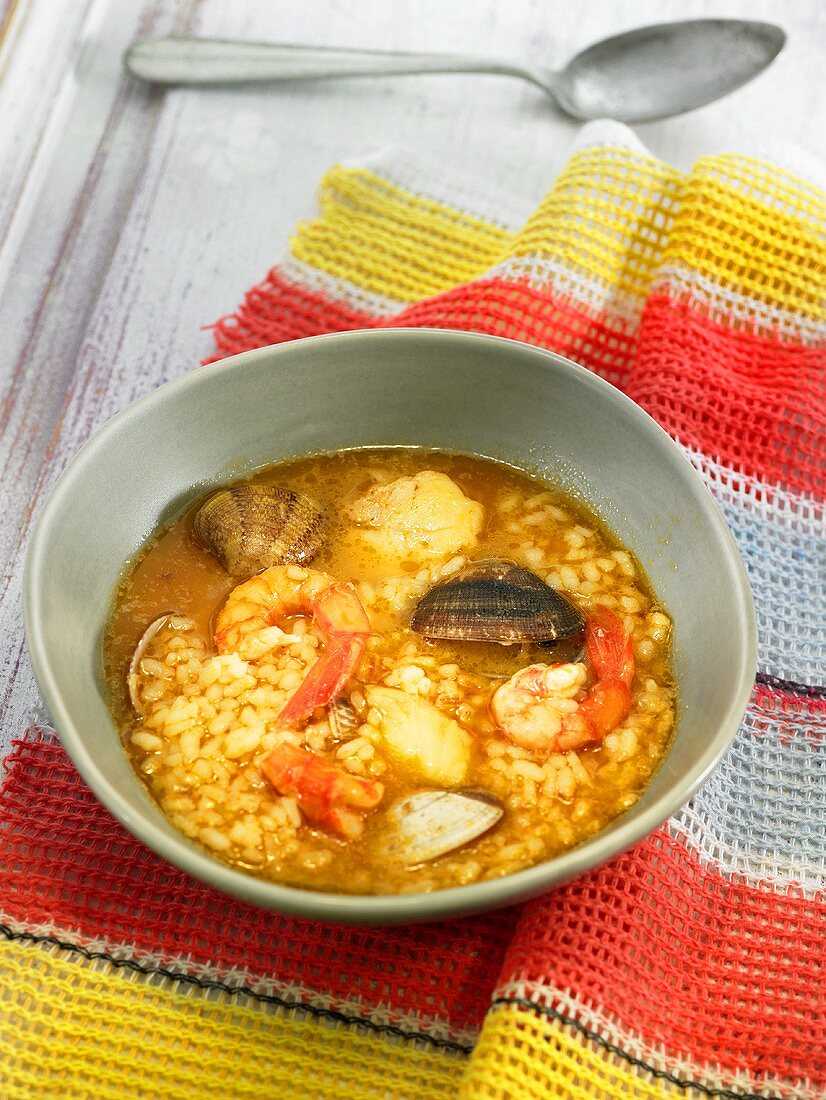 Arroz caldoso (rice stew, Spain) with prawns and mussels