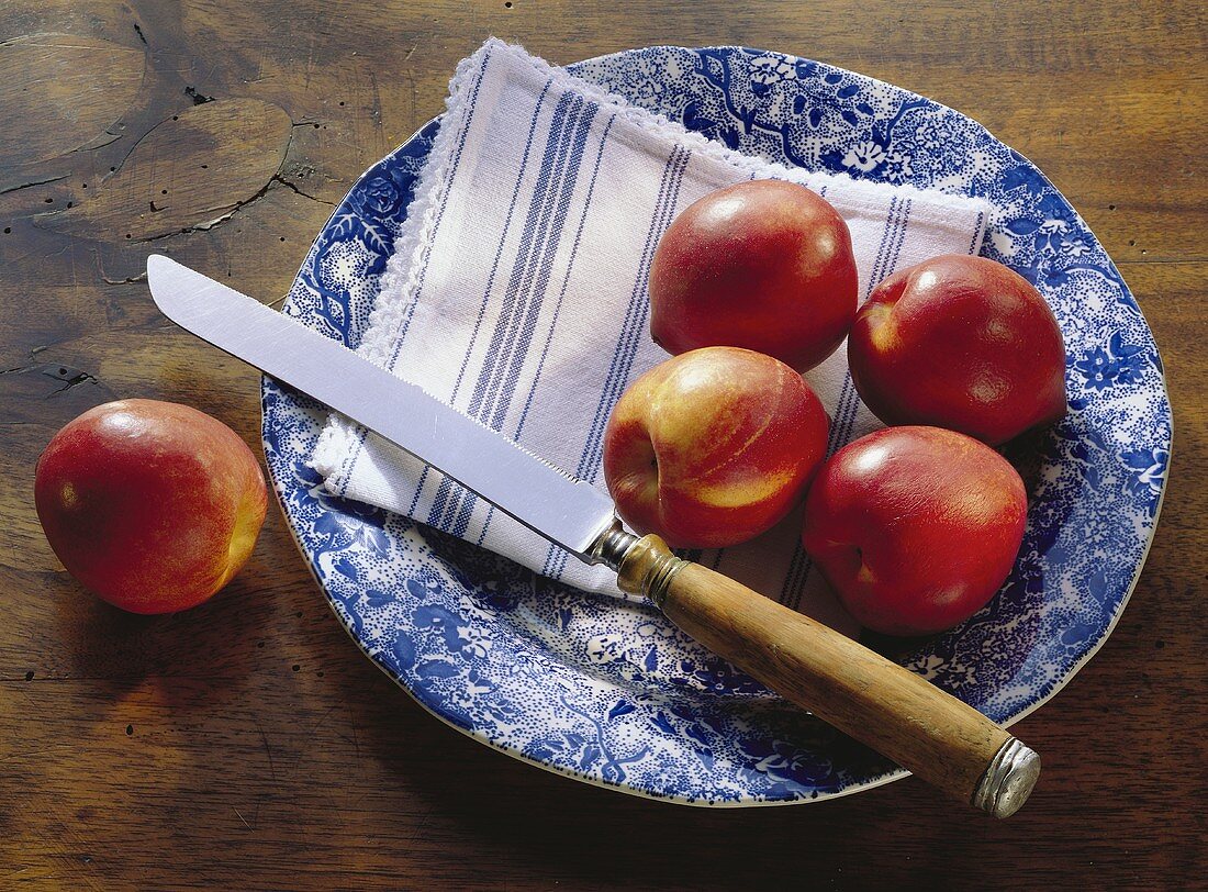 Nectarines; Knife on Blue Plate