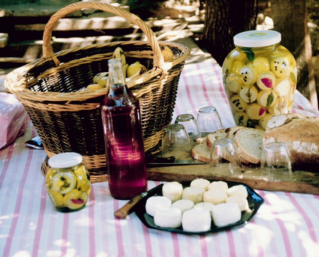 Assorted Goat Cheese and Pickles; Wine for a Picnic