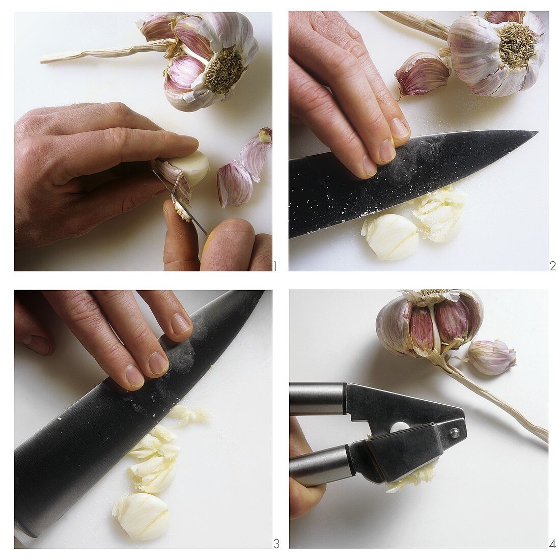 Peeling, crushing or pressing garlic