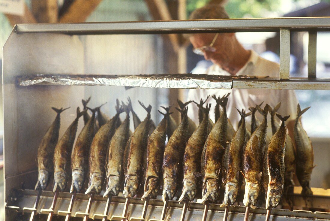 Stall with skewered fish in Hirschgarten, Munich