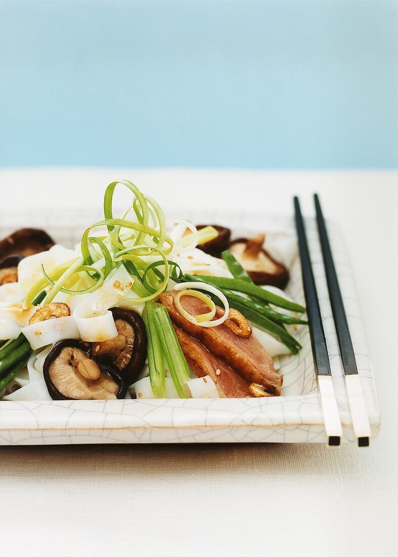 Duck breast on rice noodles, shiitake mushrooms & vegetables