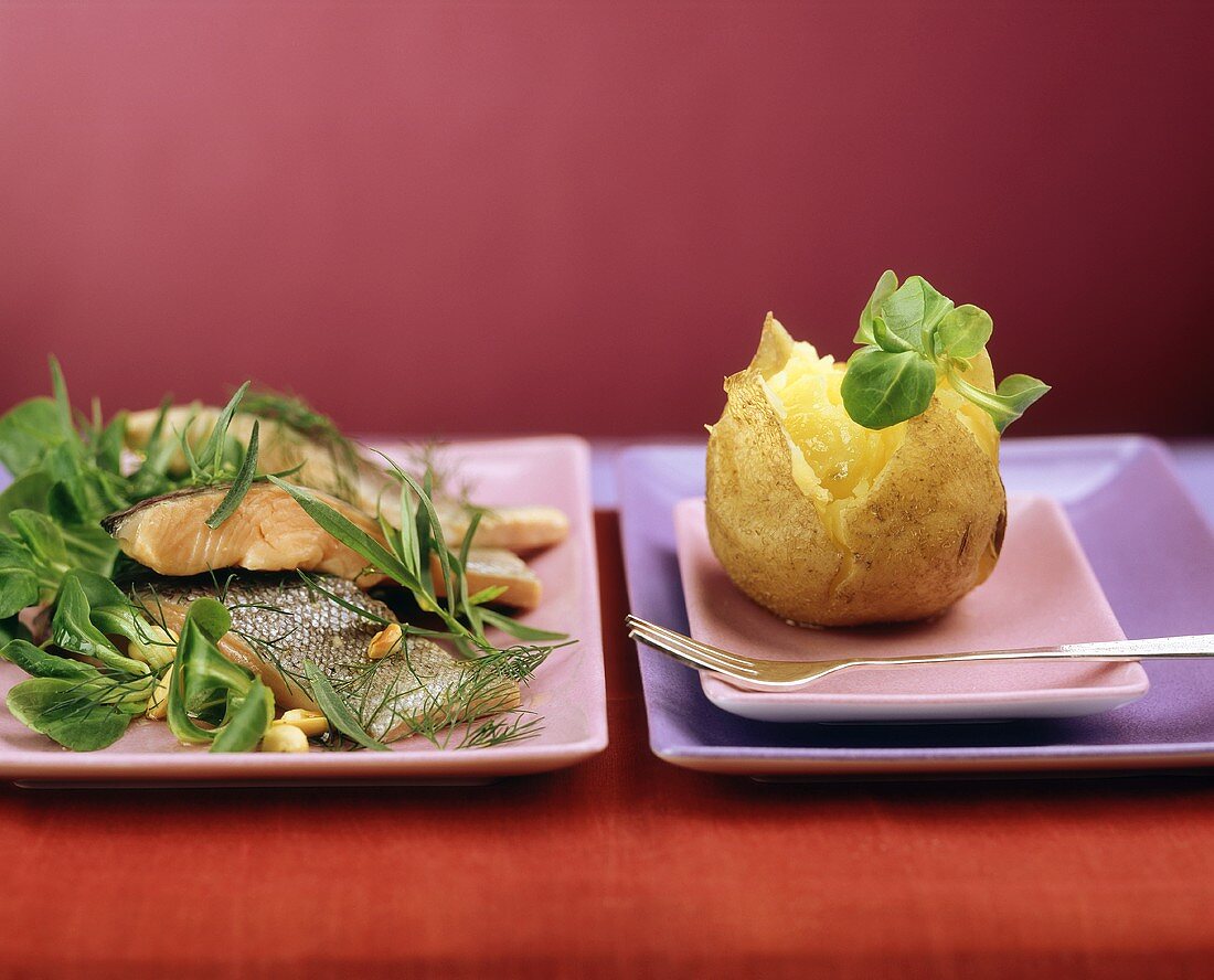 Salmon trout with herbs and corn salad; baked potato