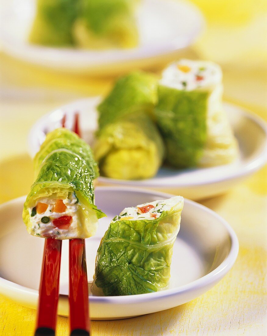 Chinese cabbage leaves stuffed with soft cheese