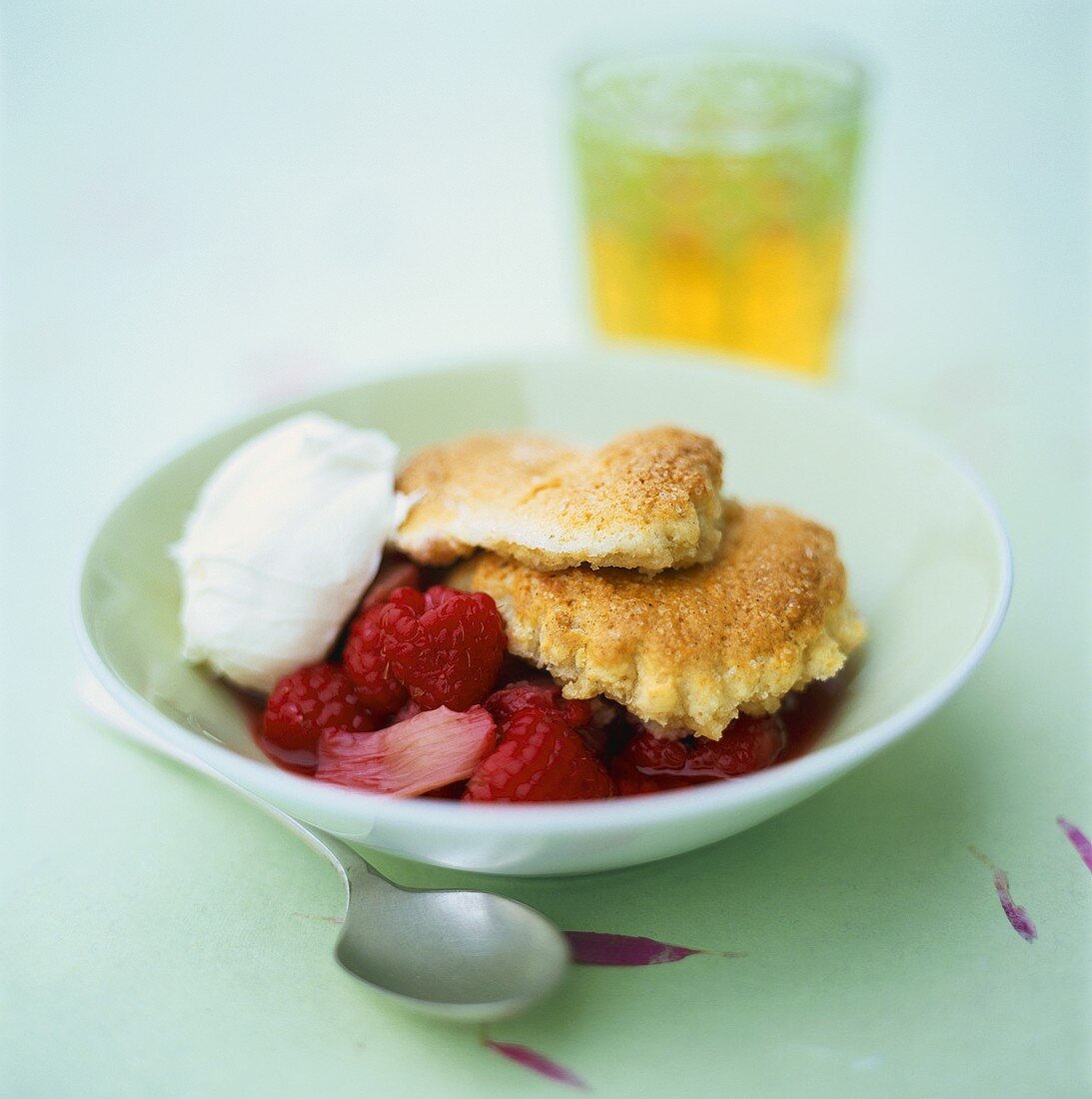 Raspberry & rhubarb compote with cinnamon pancakes & cream