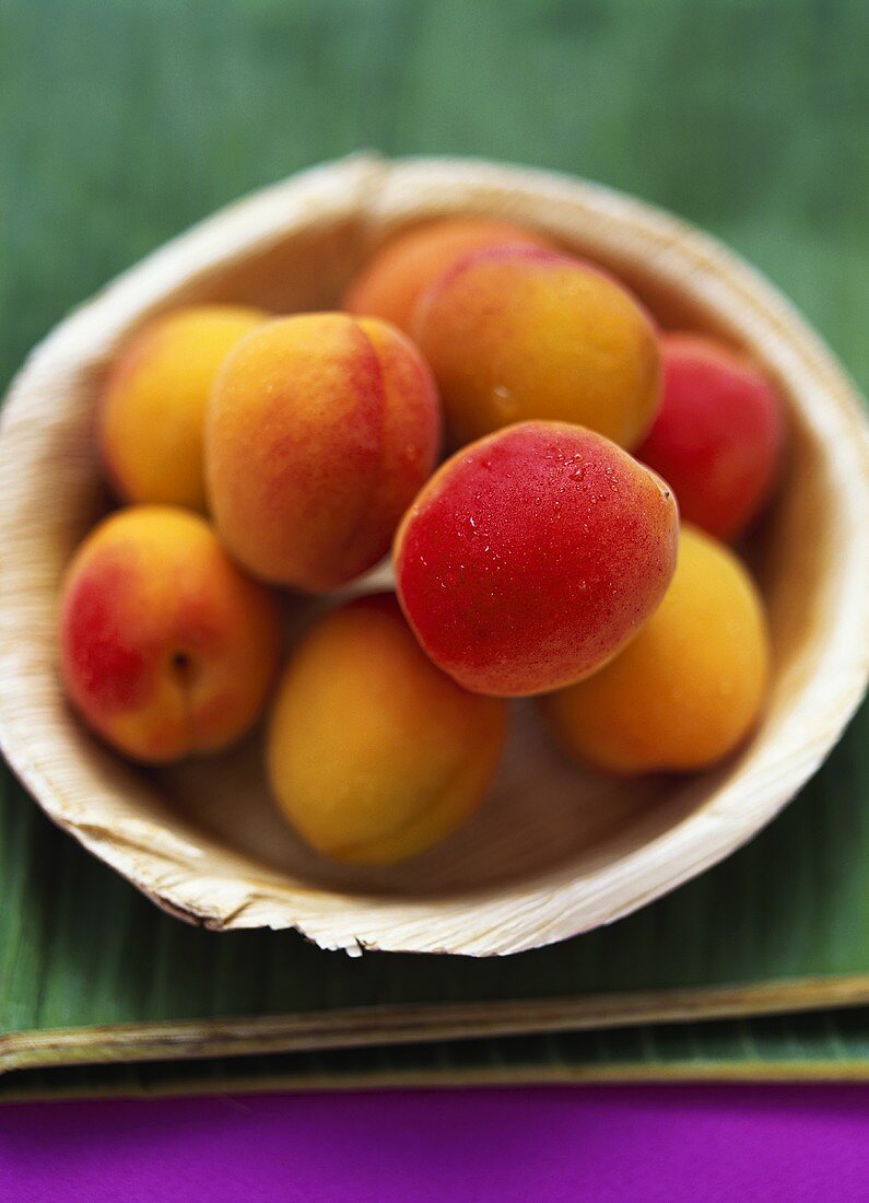 Apricots in wooden bowl