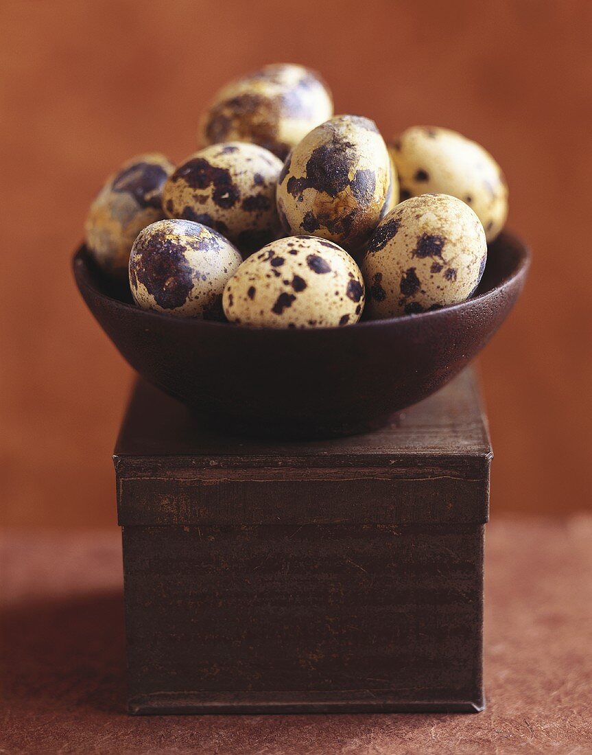 Quail's eggs in brown bowl