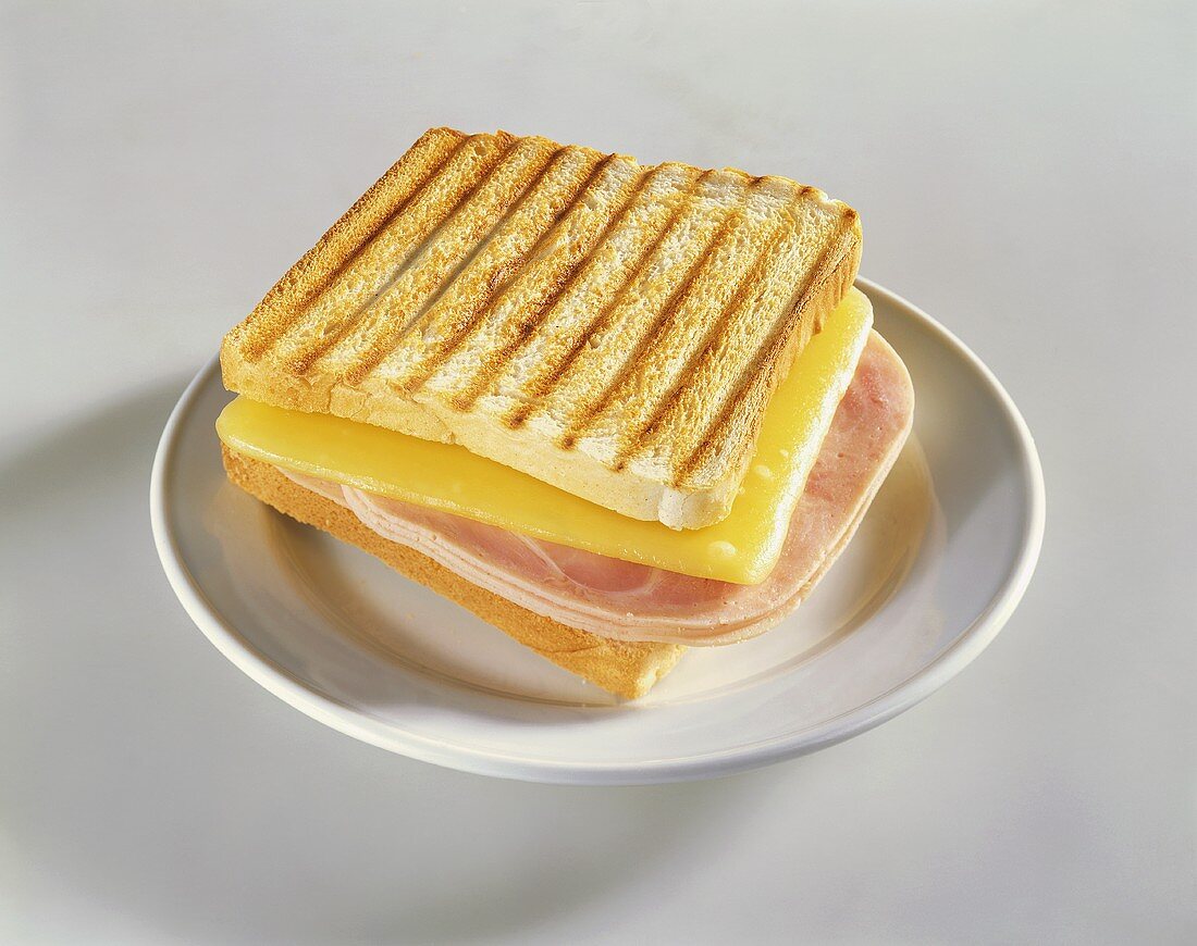 Ham and cheese on toast on white plate