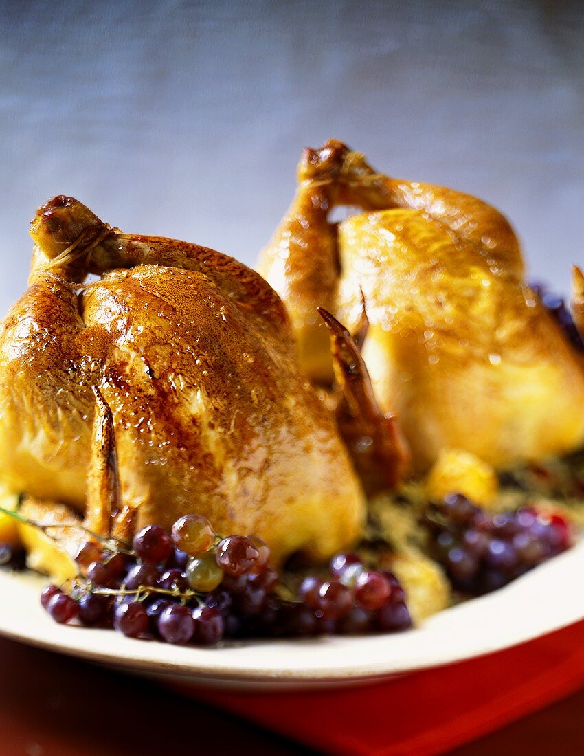 Two roast chickens with red grapes