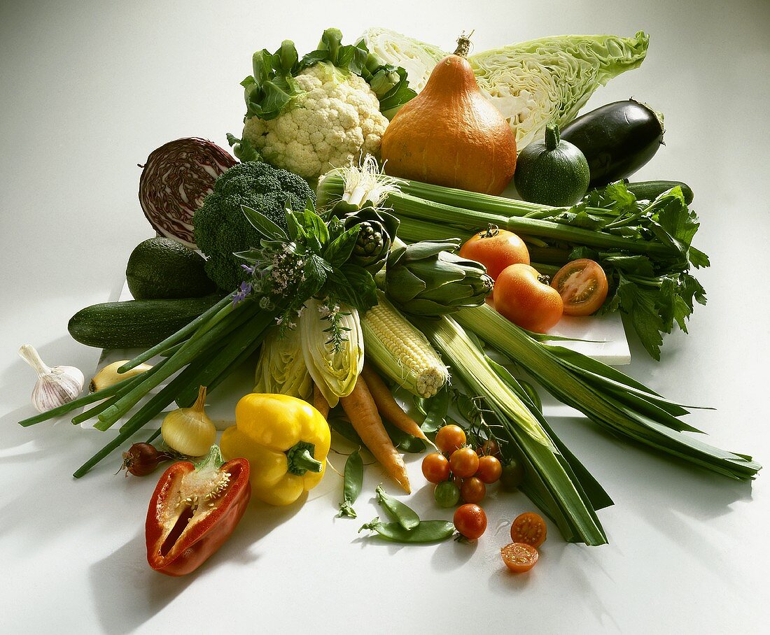 Vegetable still life, arranged in the centre of the picture