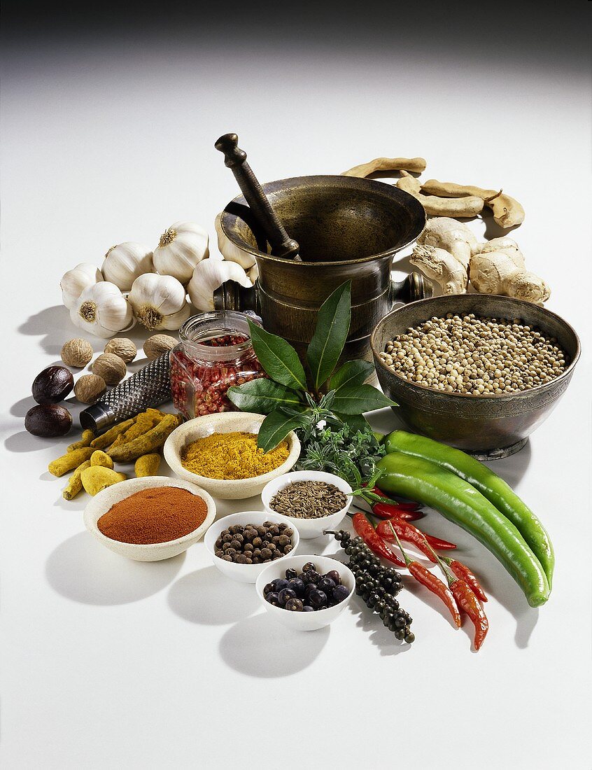 Various spices, arranged around a mortar