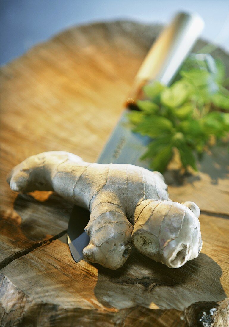 Ginger root with chopping knife on log
