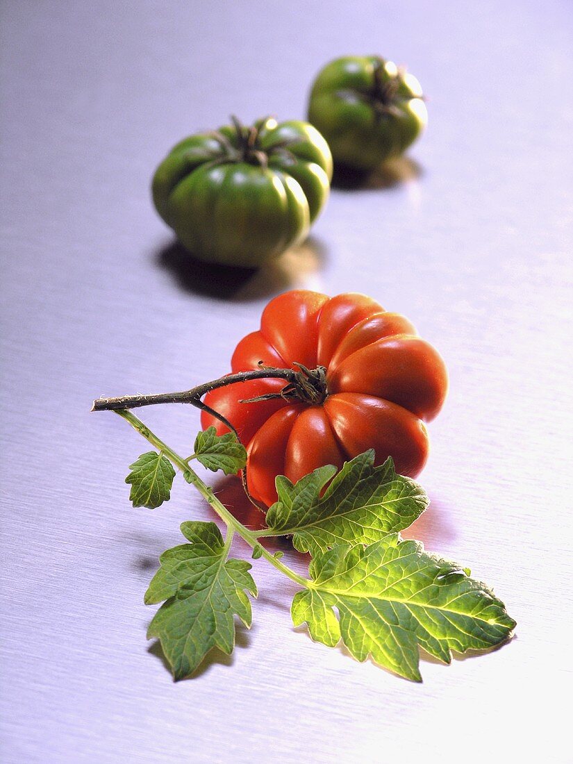 Red tomato with leaf in front of two green tomatoes
