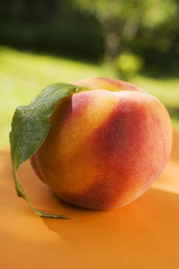 Peach with leaf on a table in the open air