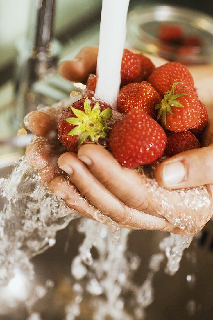 Hände halten Erdbeeren unter Wasserstrahl