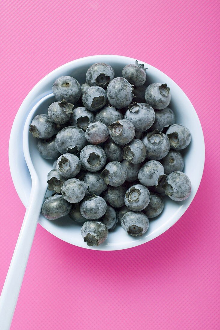 Blueberries in white bowl with spoon