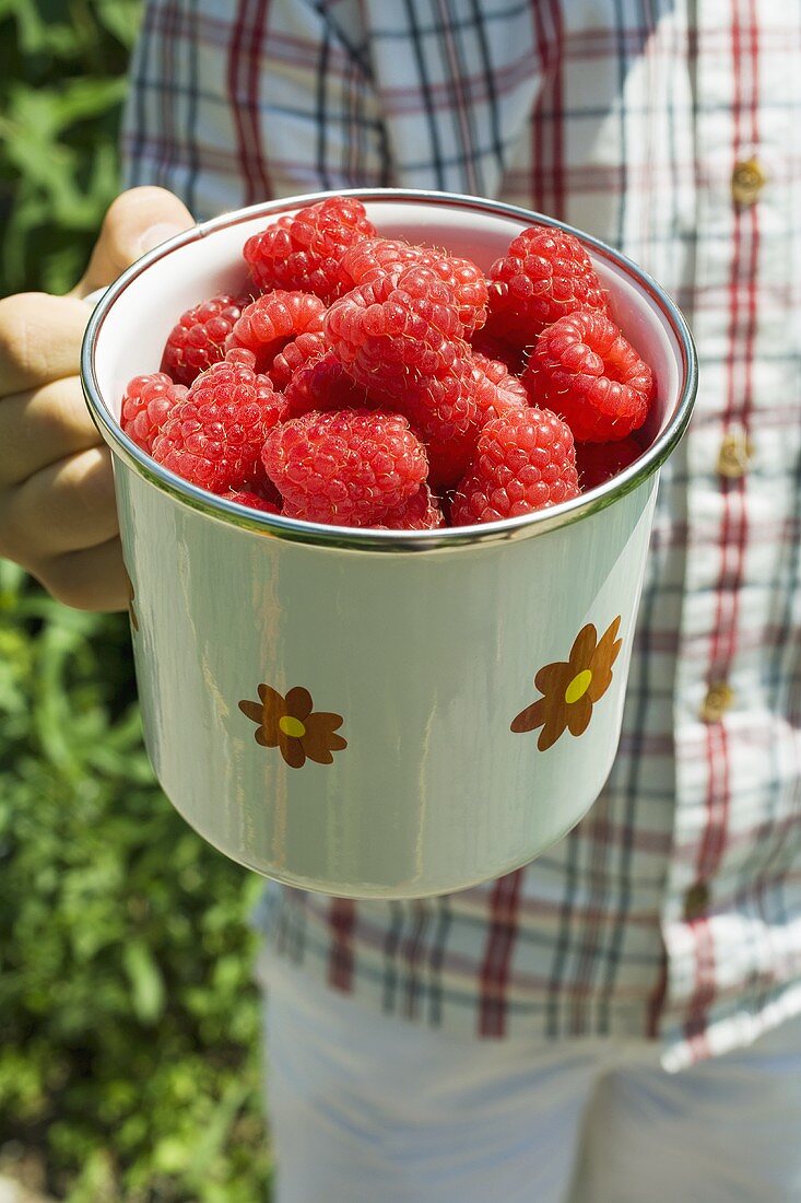 Person holding a mug of raspberries