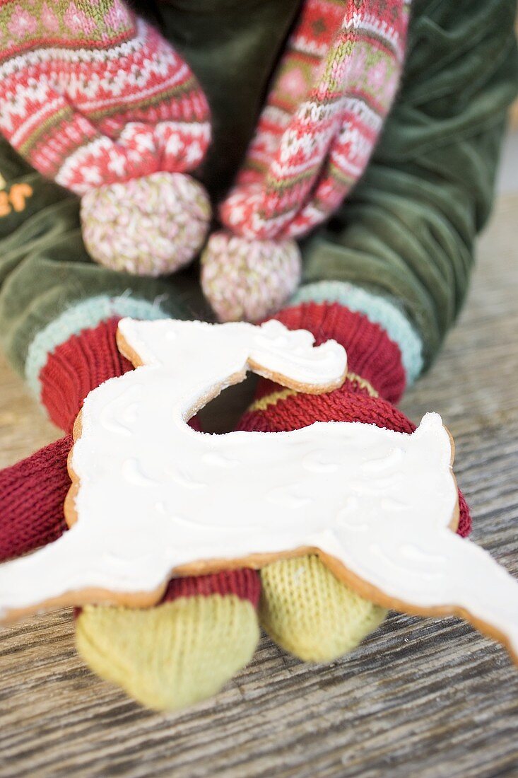 Child's hands in woollen mittens holding gingerbread reindeer