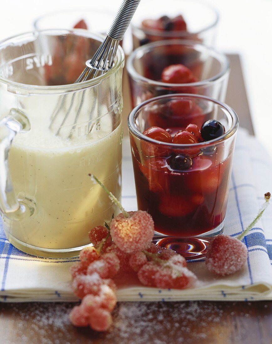 Red fruit compote with custard