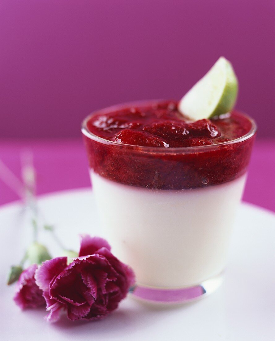 Lime panna cotta with strawberry compote