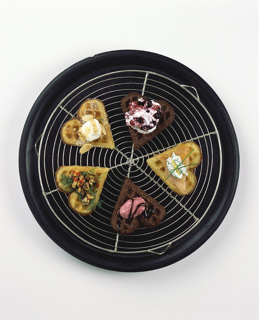 Sweet and savoury waffles (overhead view)