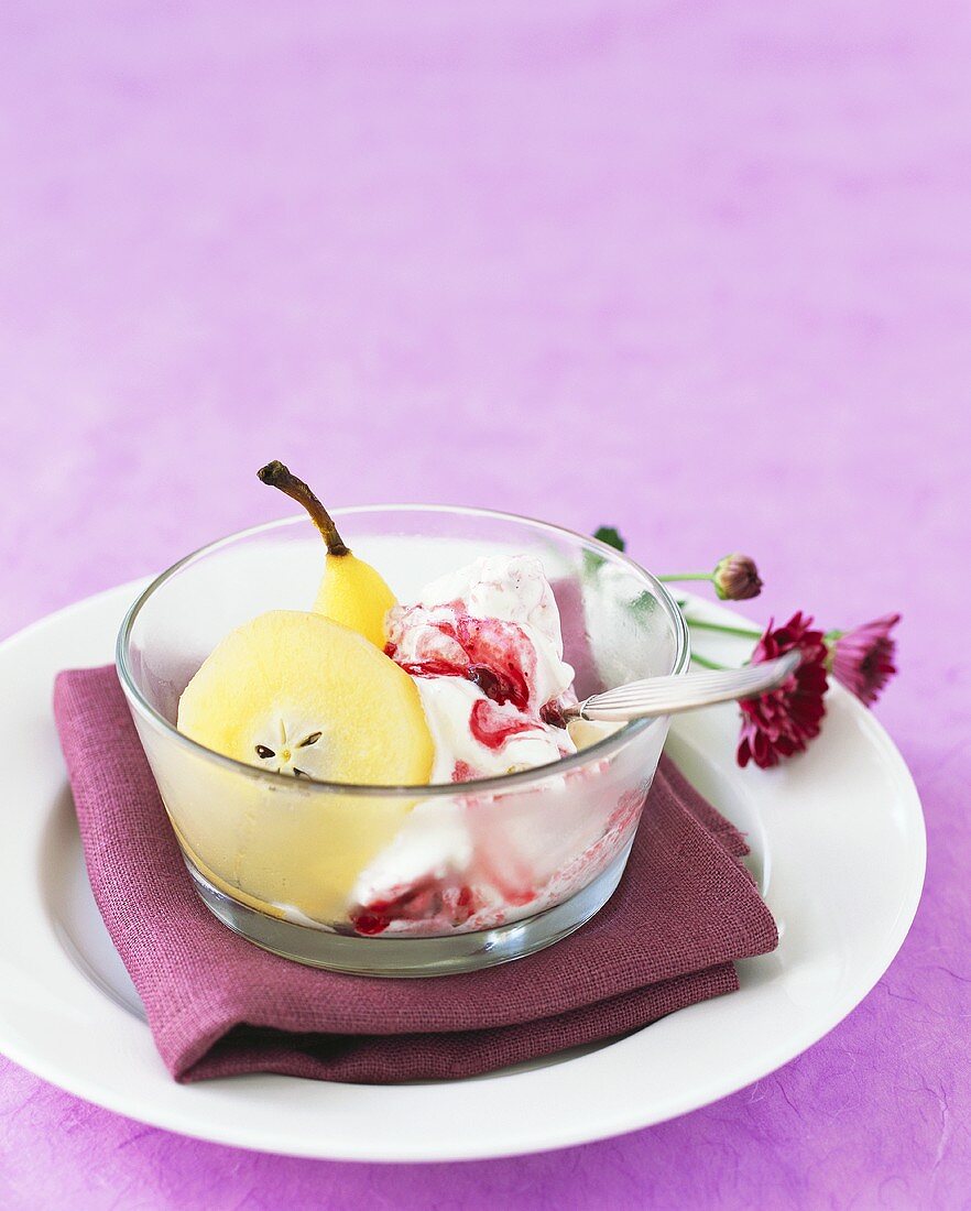 Ginger pears with cranberry ice cream