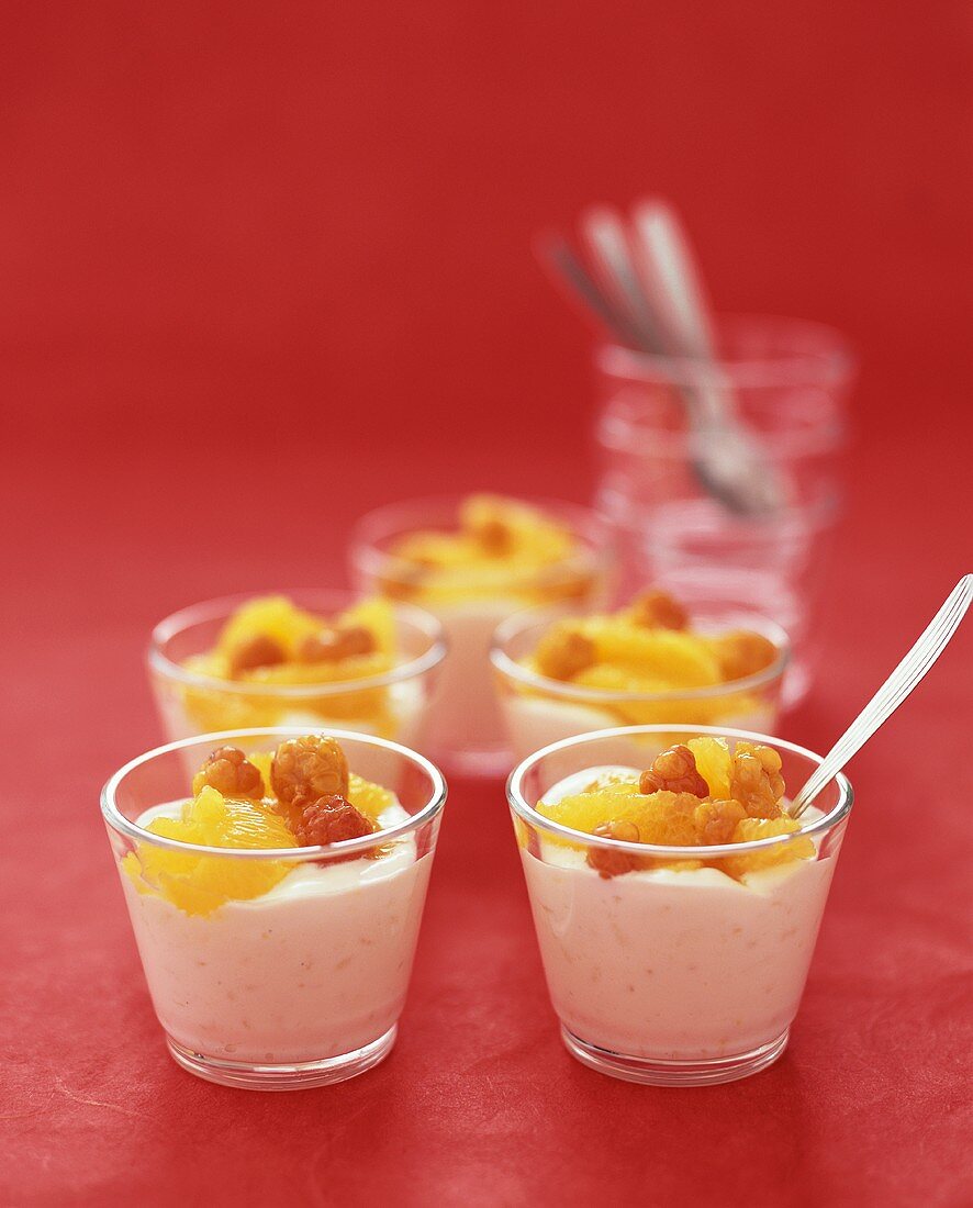 Vanilla rice pudding with citrus fruit salad in glasses