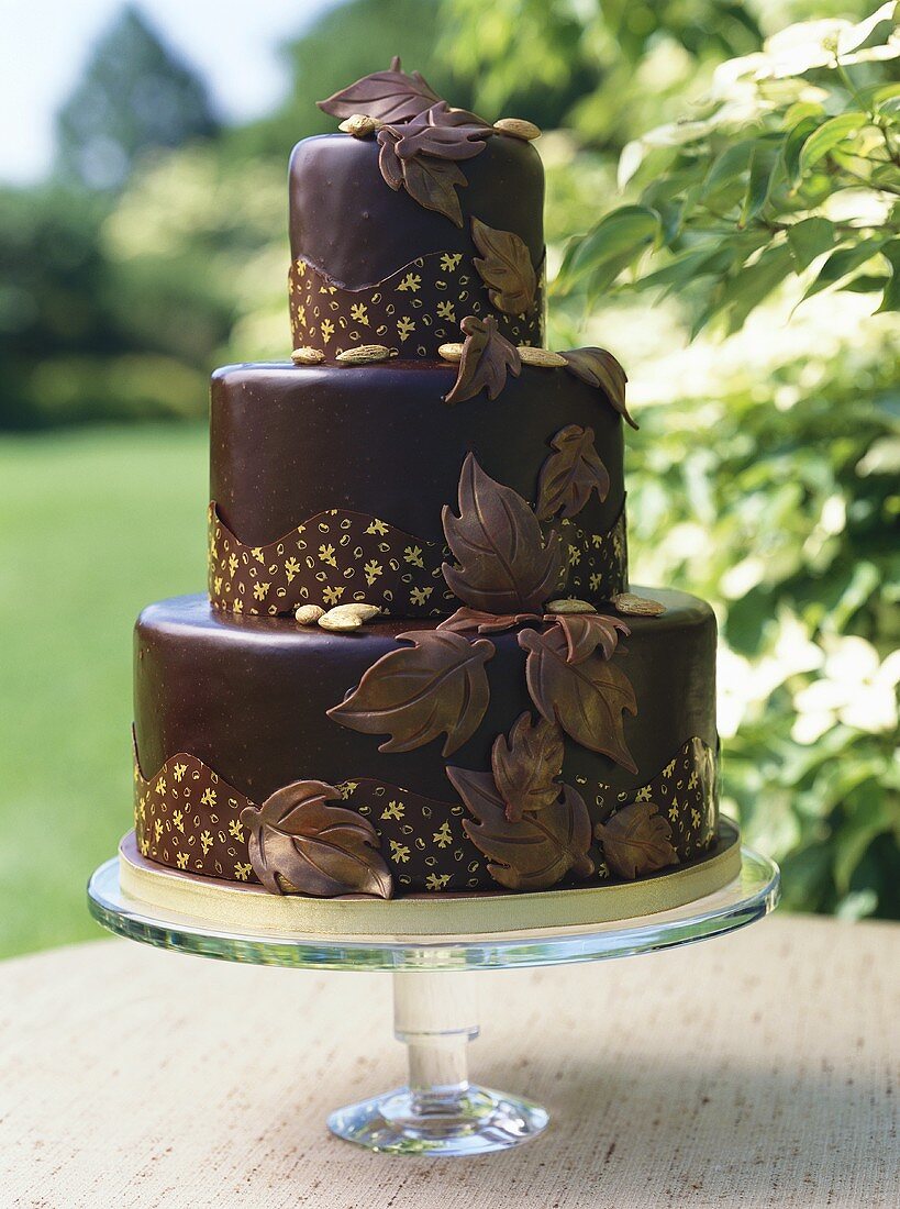 Three-tiered chocolate cake in the open air
