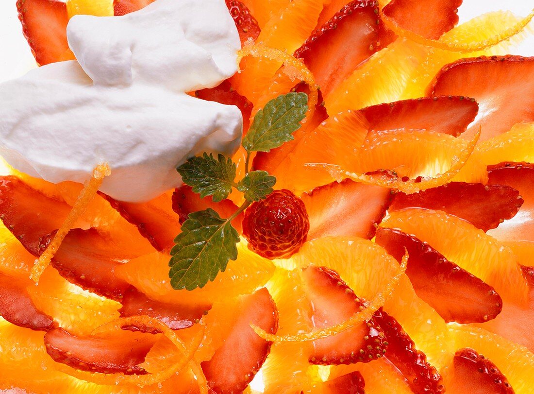 Orange-Strawberry Salad with Mint Leaves; Whipped Cream