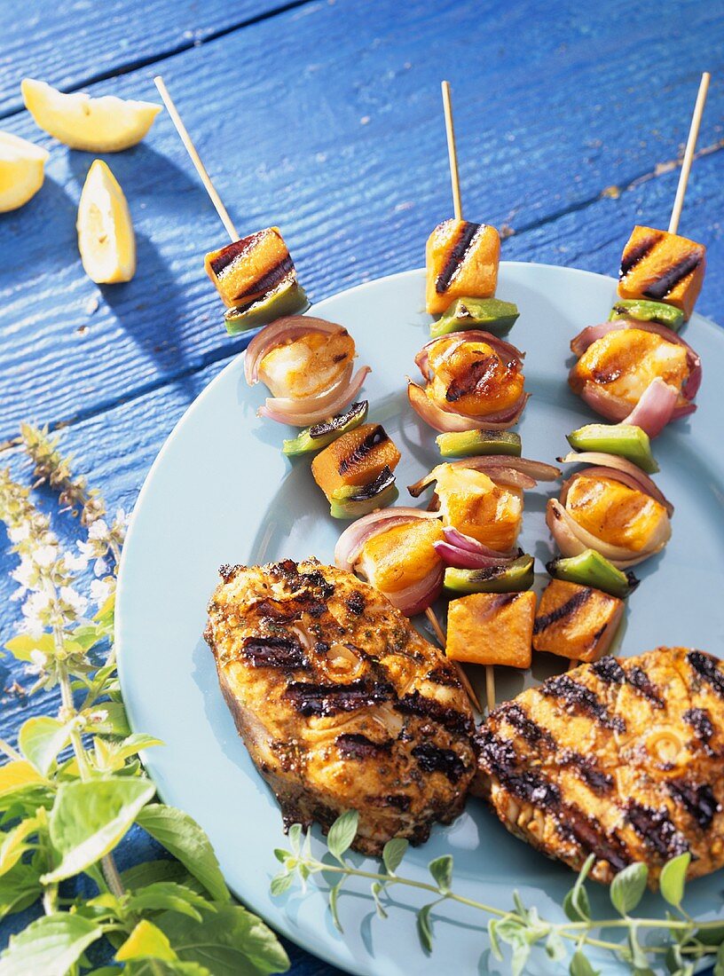 Grilled swordfish and fish and vegetable kebabs