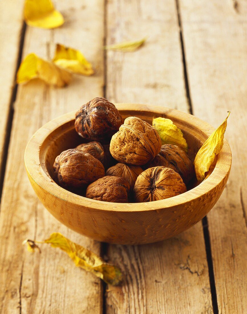 Walnuts in wooden bowl