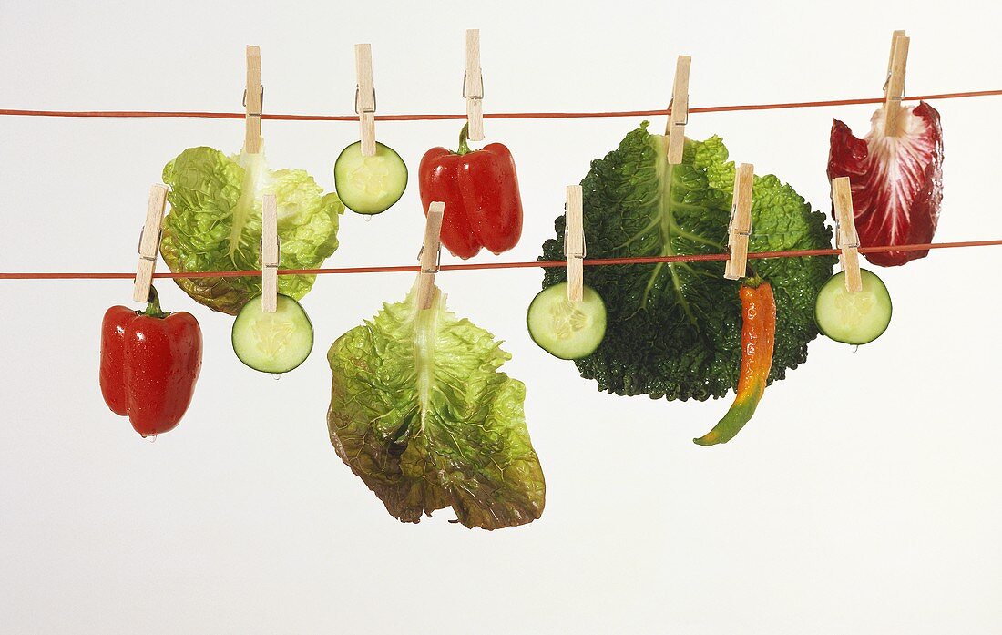 Vegetables on a washing line