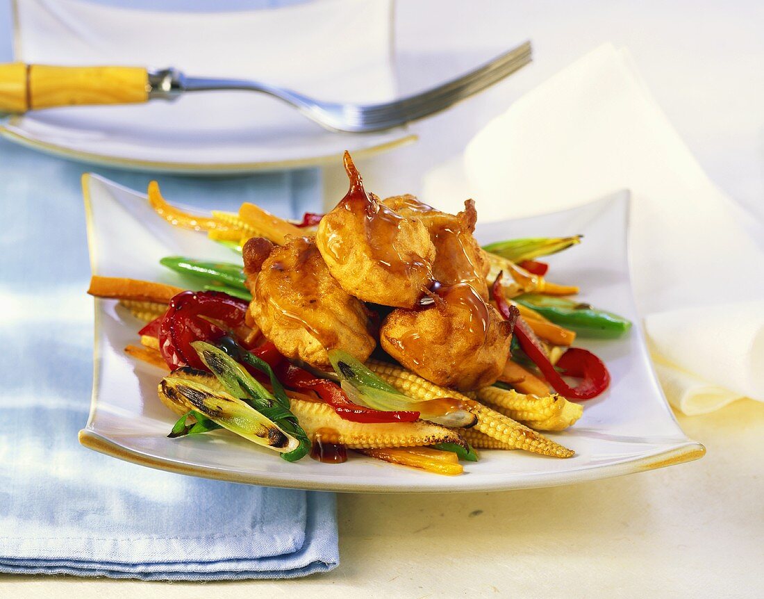 Crispy chicken breast with vegetables and oyster sauce