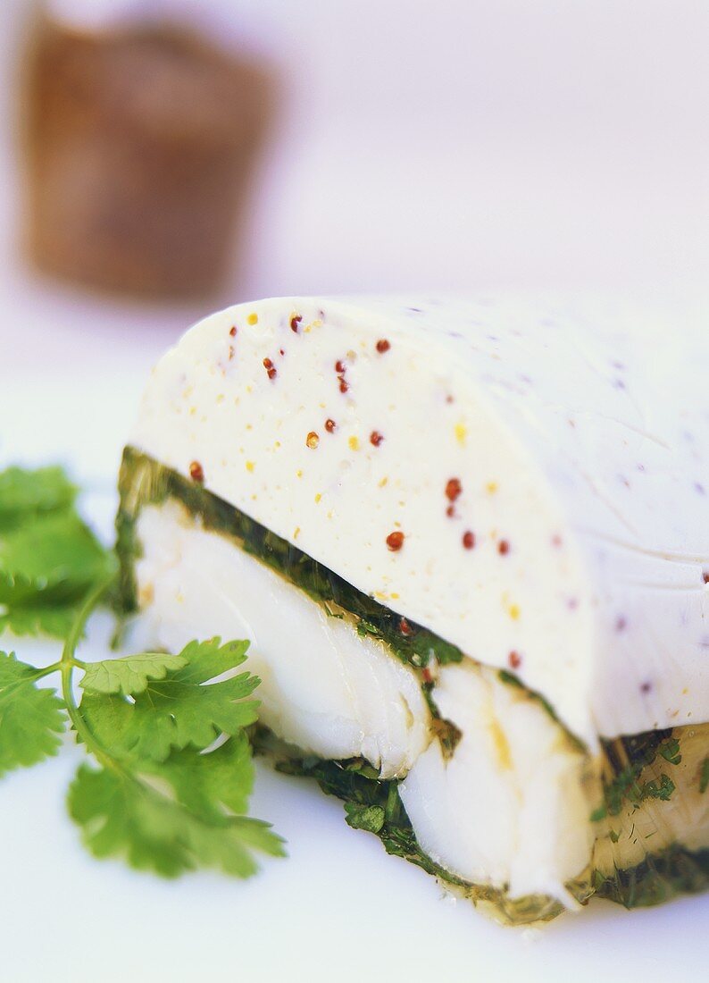 Cod with mustard mousse in coriander jelly
